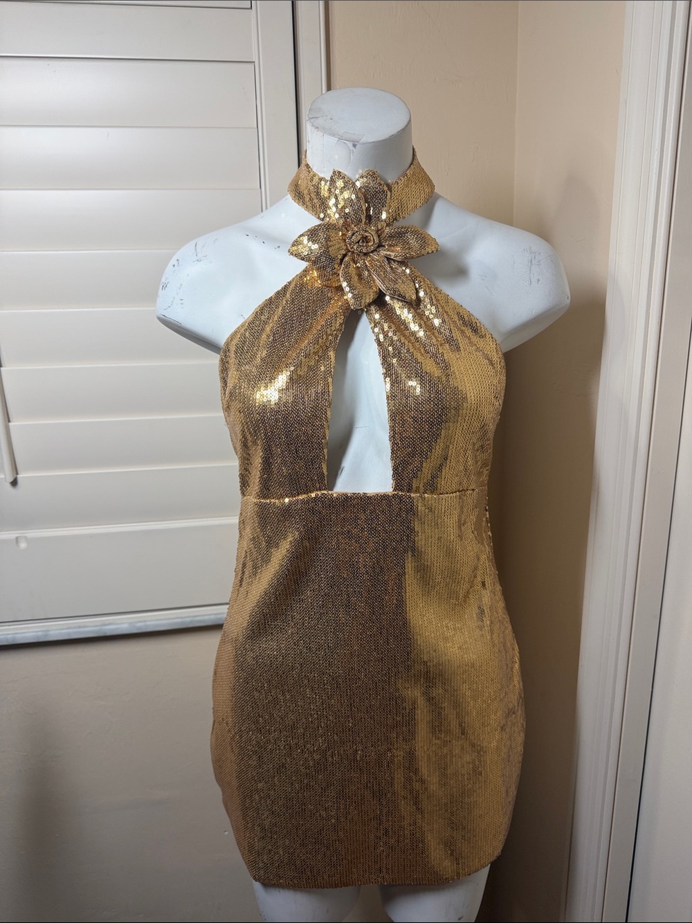 Gold Sequin Halter Mini Dress with Floral Accent Open Back